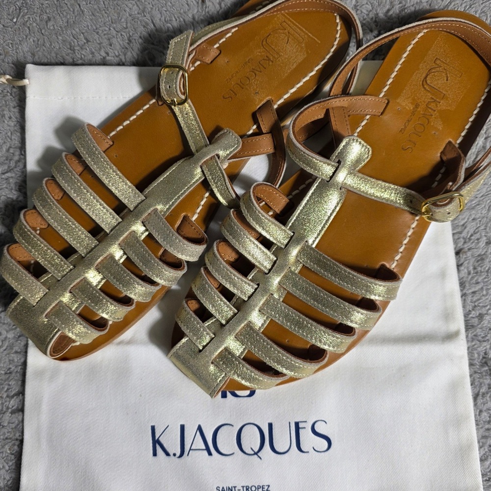 K Jacques St Tropez Adrien‎ Women's Gold Leather Flat Sandals EU 41 NEW